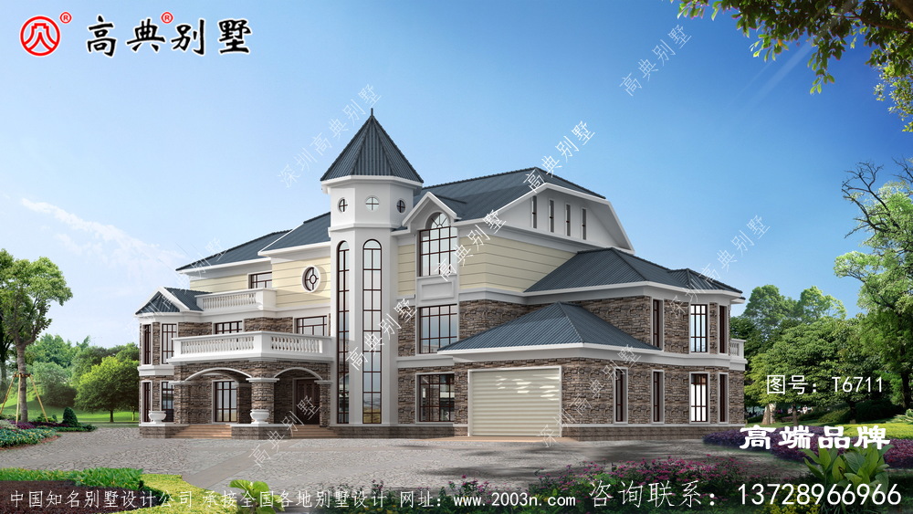 配合蓝坡屋顶弧形大窗户，提高室内景观效果