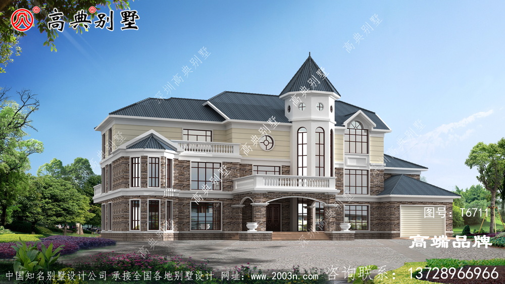 配合蓝坡屋顶弧形大窗户，提高室内景观效果