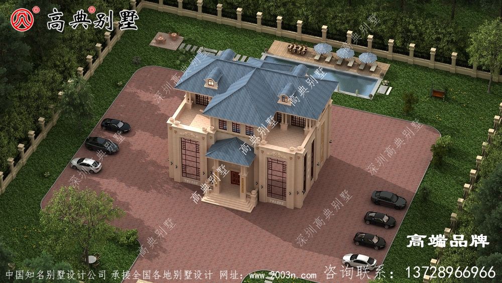 欧式石材别墅蓝屋顶配棕色墙 ，清爽雅致