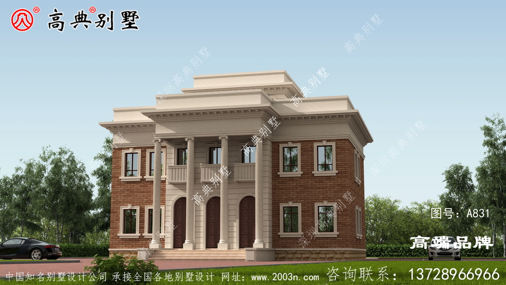 别墅外观以棕色为主，整体大气精致美观