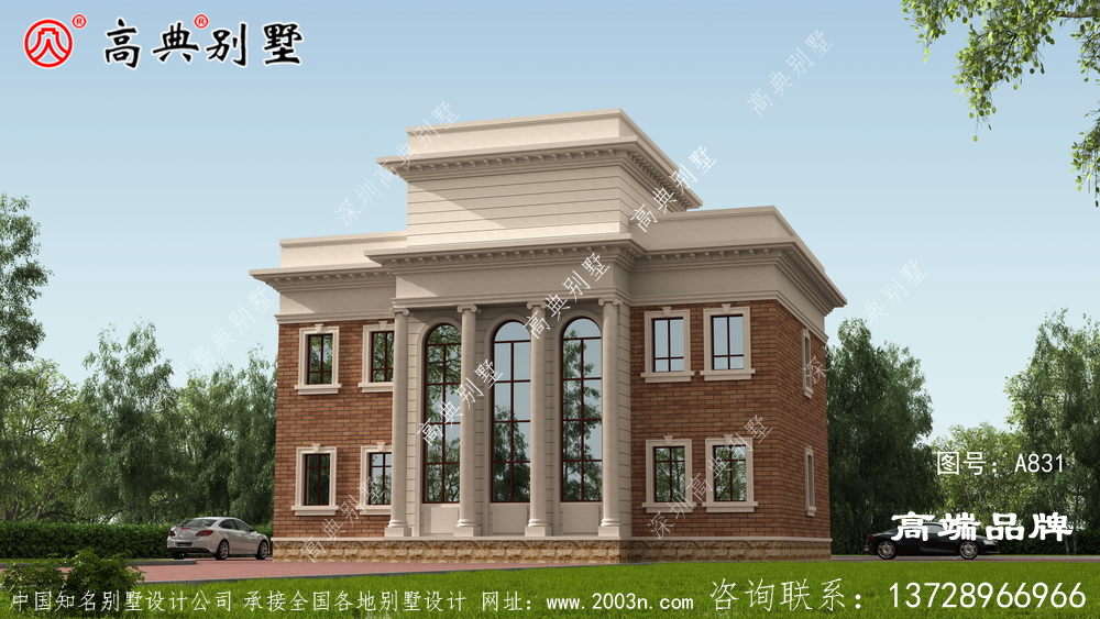 别墅外观以棕色为主，整体大气精致美观